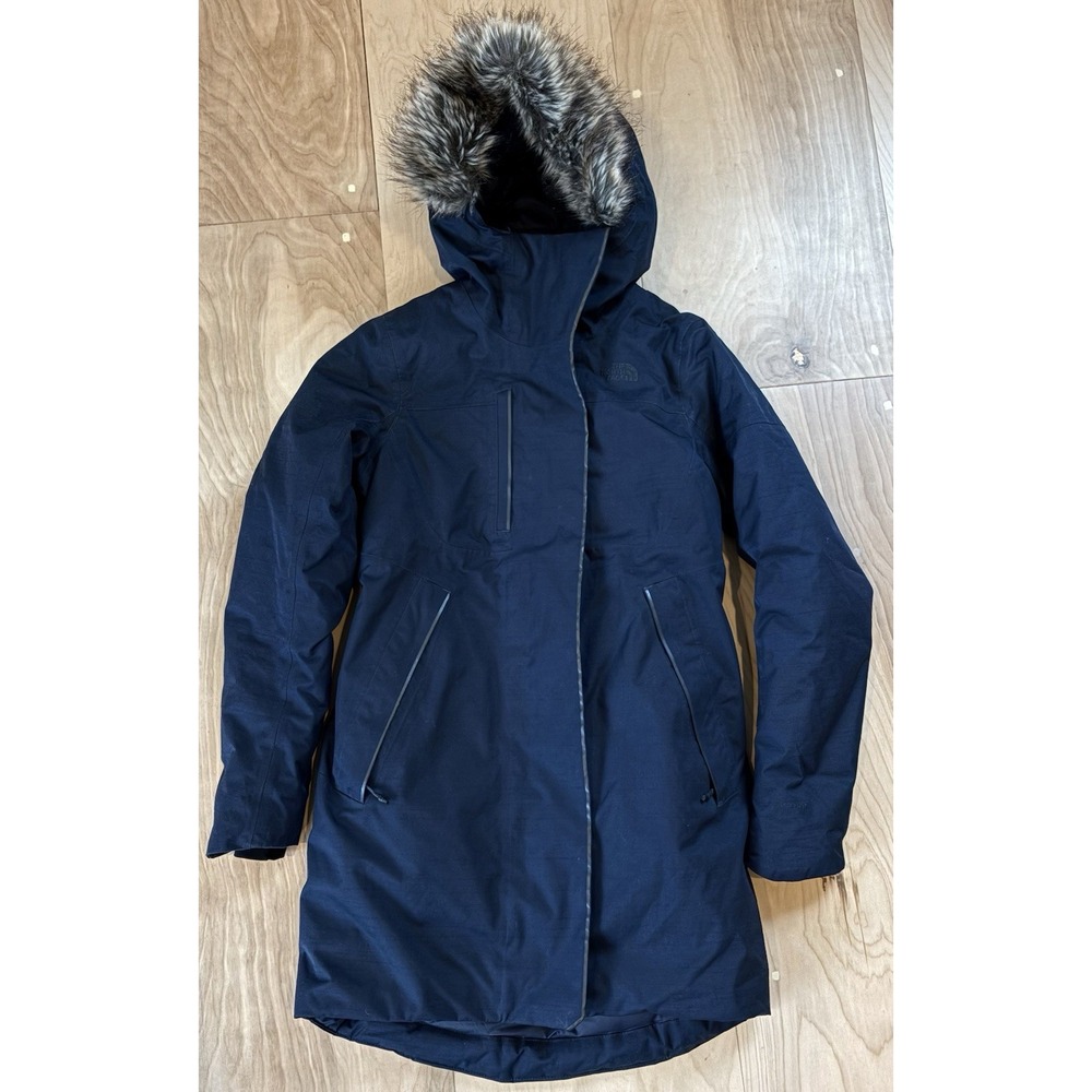 The North Face Women's Winter Parka Navy Blue Down Faux Fur Hood DryVent Size S